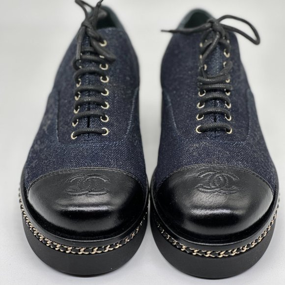 CHANEL 20K Denim Leather Chain Cap Toe Lace Up Oxford Heels Loafers Shoes - Picture 5 of 16